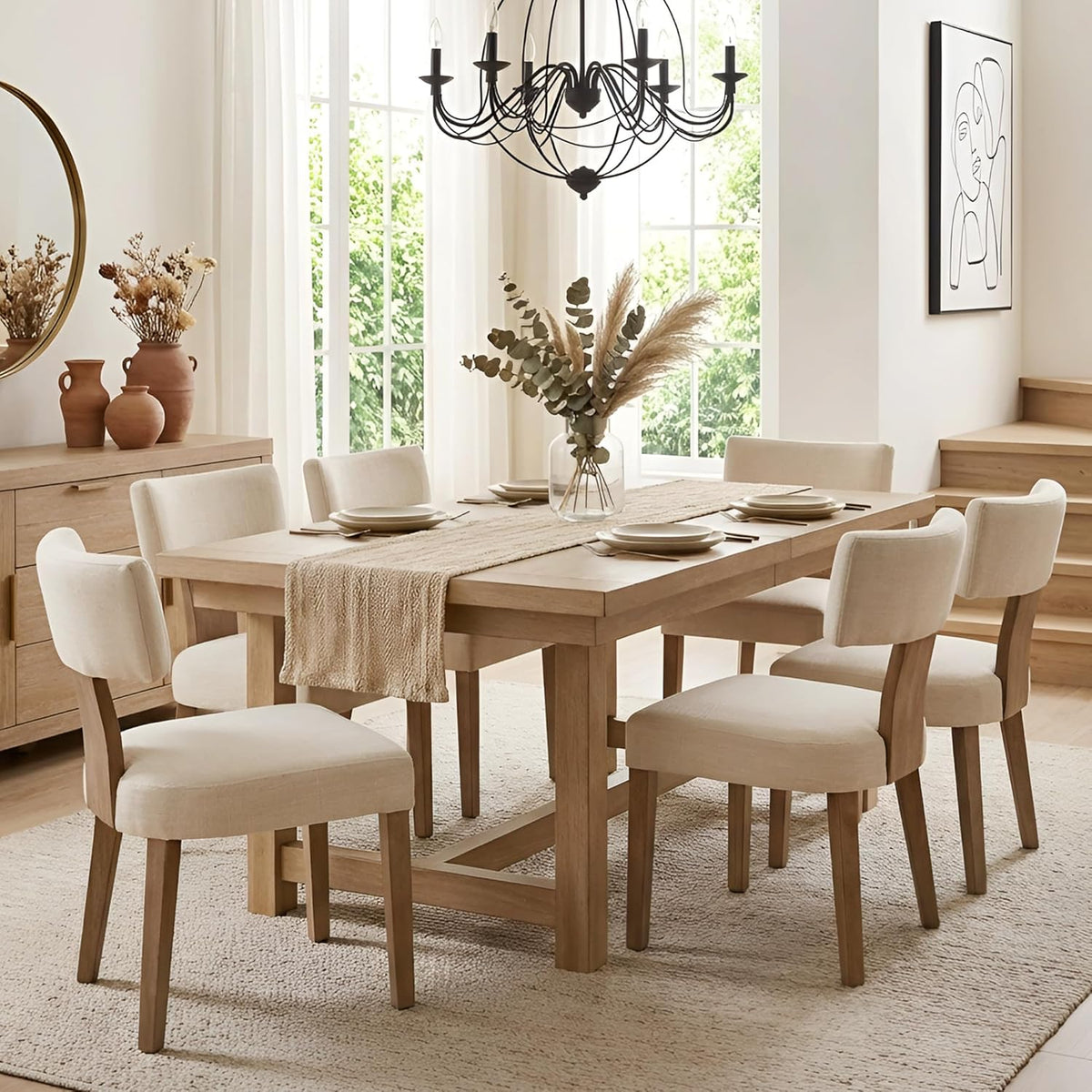 HNY Mid Century Modern Dining Chairs Set of 6, Farmhouse Linen Fabric Upholstered Accent Curved Backrest Kitchen Chairs, with Hardwood Frame, Beige, Linen