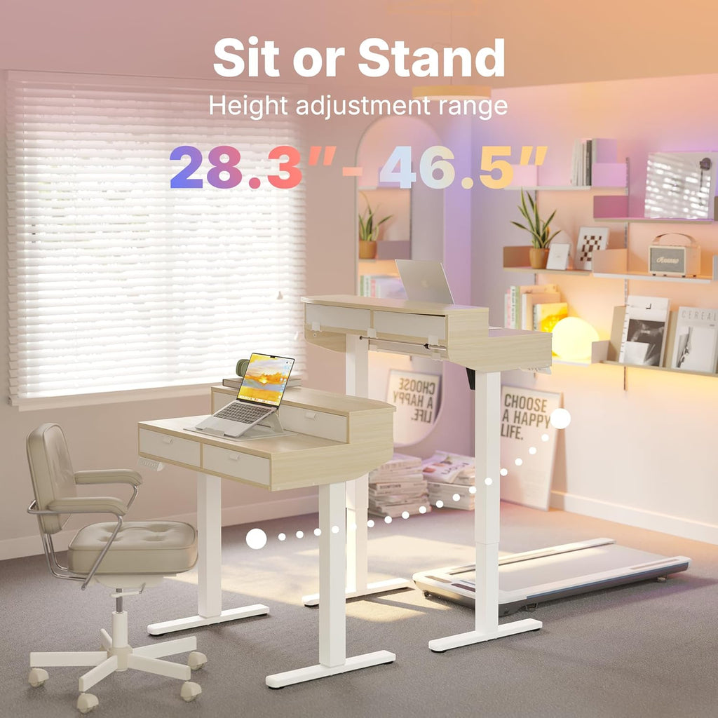 HUANUO 32 X 20 inch Electric Standing Desk with 4 Drawers, Adjustable Height Sit Stand Home Office Desk, C-Clamp Mount Compatible, Ergonomic Stand up Desk with 4 Preset Heights, Natural