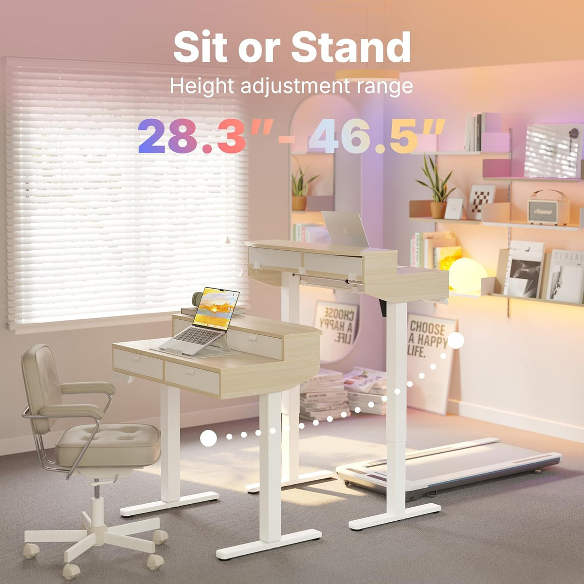 HUANUO 32 X 20 inch Electric Standing Desk with 4 Drawers, Adjustable Height Sit Stand Home Office Desk, C-Clamp Mount Compatible, Ergonomic Stand up Desk with 4 Preset Heights, Natural