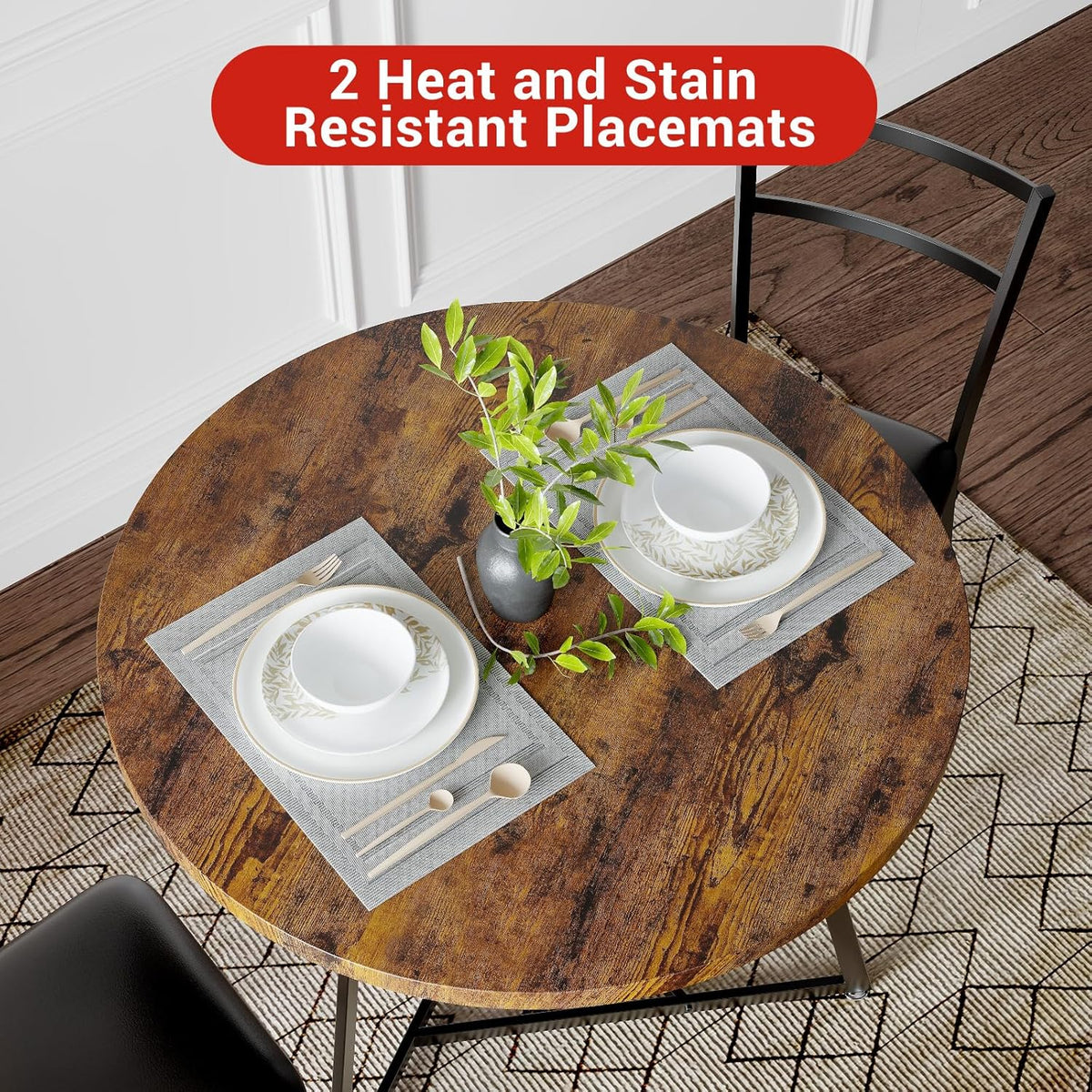 Garvee Dining Table Set for 2, Wooden Kitchen Table and Chairs of 2 with Upholstered Chairs, Round Kitchen Tables Set, 3 Piece Dining Room Table Sets for Small Space, Apartment, Rustic Brown