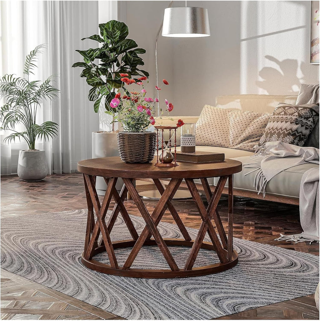 COZAYH Rustic Farmhouse Coffee Table, Round Coffee Table with X-Motifs Legs, Wood Textured Top, for Boho, French Country Decor, Brown