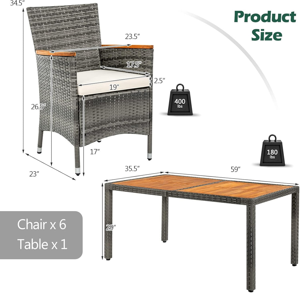 COSTWAY 7-Piece Patio Dining Set for 6, Outdoor Rattan Wicker Table and Chairs Furniture Set with Umbrella Hole, Acacia Wood Tabletop for Backyard, Balcony, Poolside, Grey & Beige