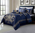 Chezmoi Collection 7-Piece Jacquard Floral Comforter Set (King, Navy/Gold)