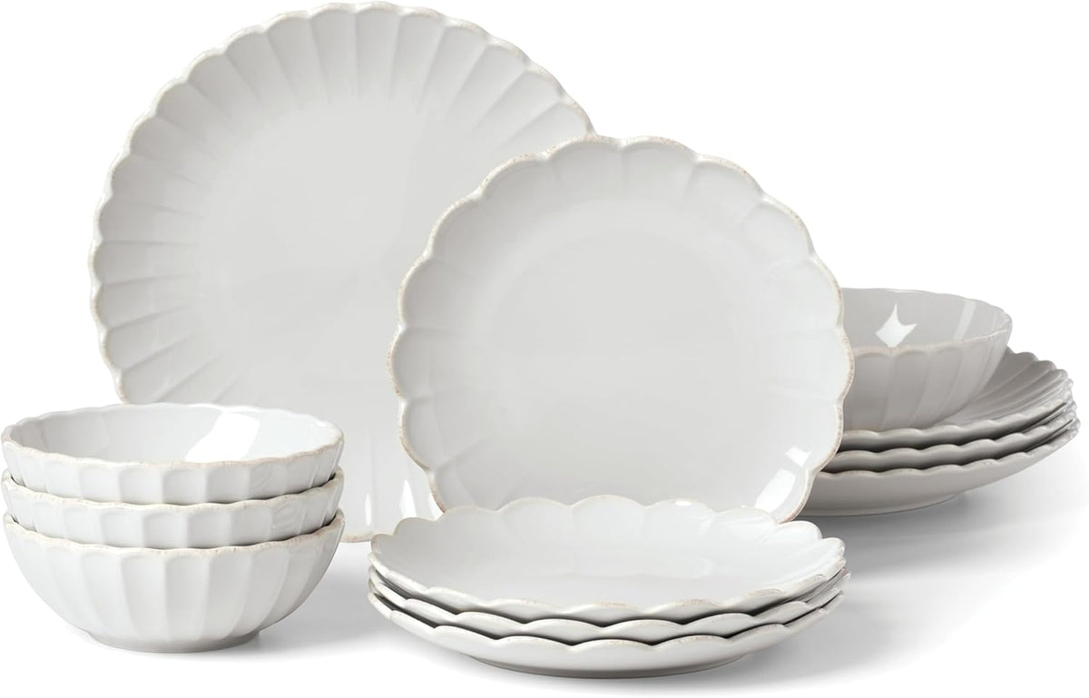 Lenox Stoneware Dinnerware Sets, French Perle Scallop White 12-Piece Dinnerware Set for 4, Service For 4, Dishwasher Safe Dishware, Dishes Set, Stoneware Dinner Plates and Bowls Sets (White, 12 Piece)