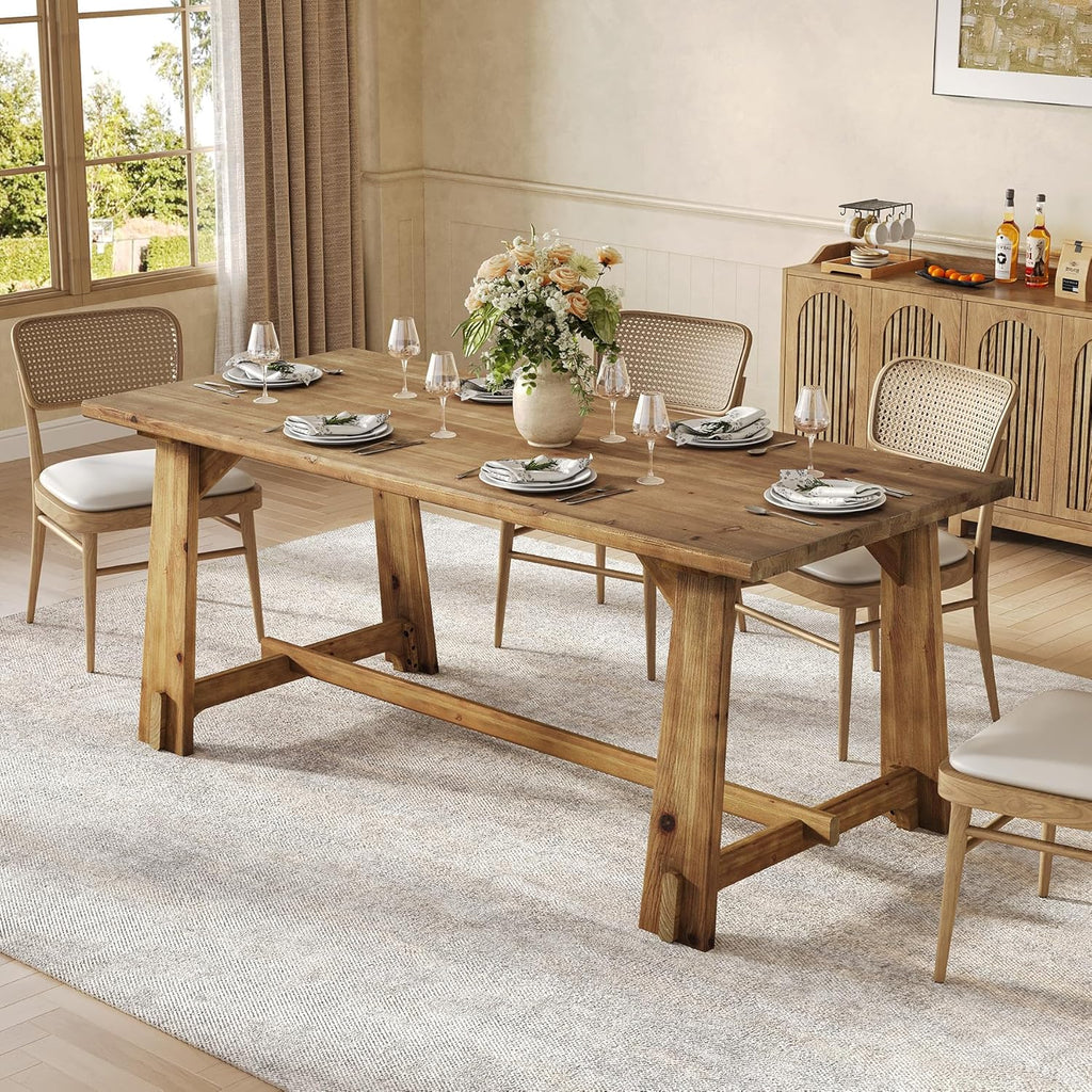 LITTLE TREE Solid Wood Dining Table for 6, 63-Inch Rustic Dining Room Tables, Wood Rectangular Kitchen Dinner Table for 4, Farmhouse Brown