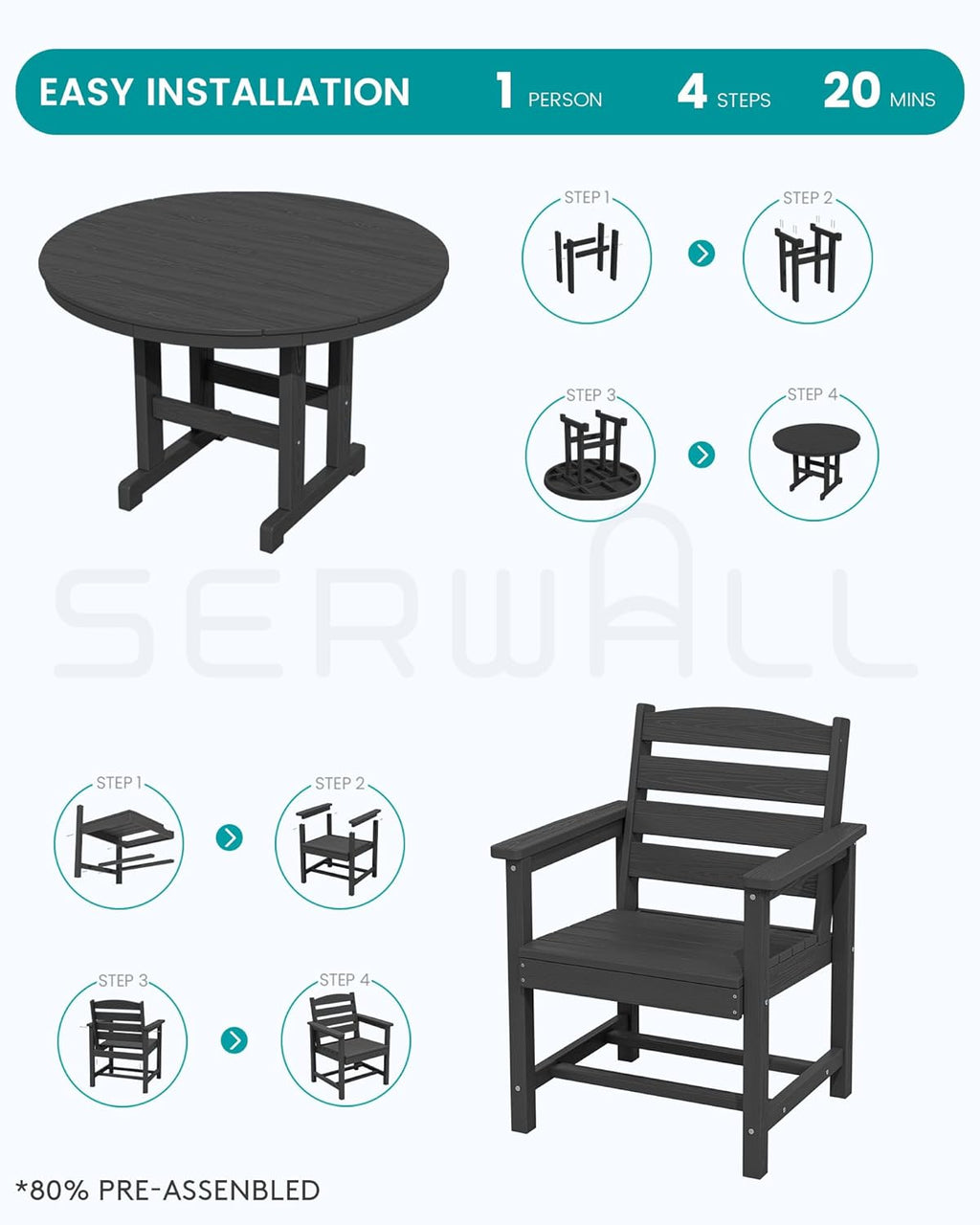 SERWALL 5-Piece Outdoor Round Dining Sets, HDPE Patio Table and Chairs Furniture Set, 45" Round Dining Table and 4 Dining Chairs, Black