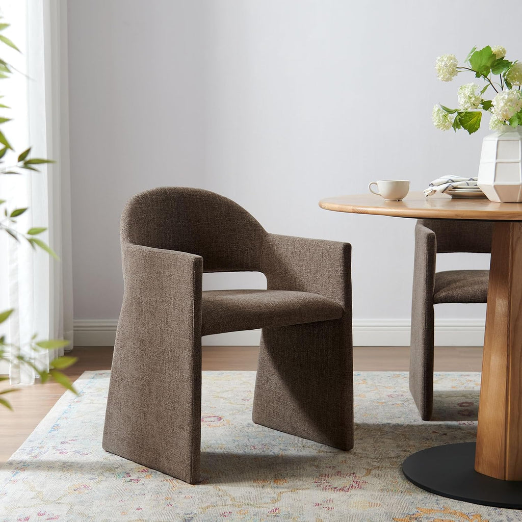 Modway Talia Upholstered Fabric Dining Armchair in Mocha - Modern Curved Dining Chair with Open-Back - Living Room Barrel Lounge Chair - Single Upholstered Accent Chair with Arms