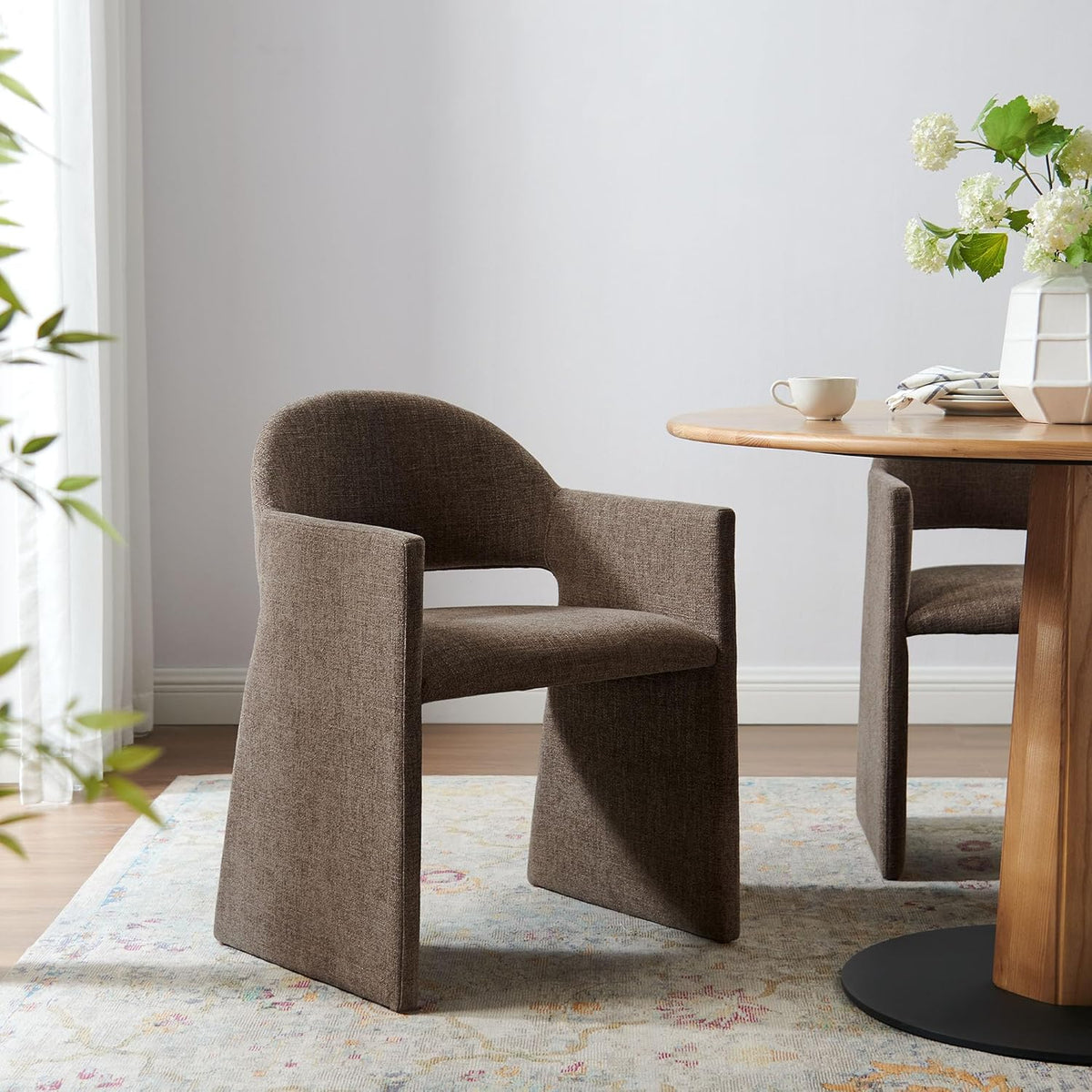 Modway Talia Upholstered Fabric Dining Armchair in Mocha - Modern Curved Dining Chair with Open-Back - Living Room Barrel Lounge Chair - Single Upholstered Accent Chair with Arms