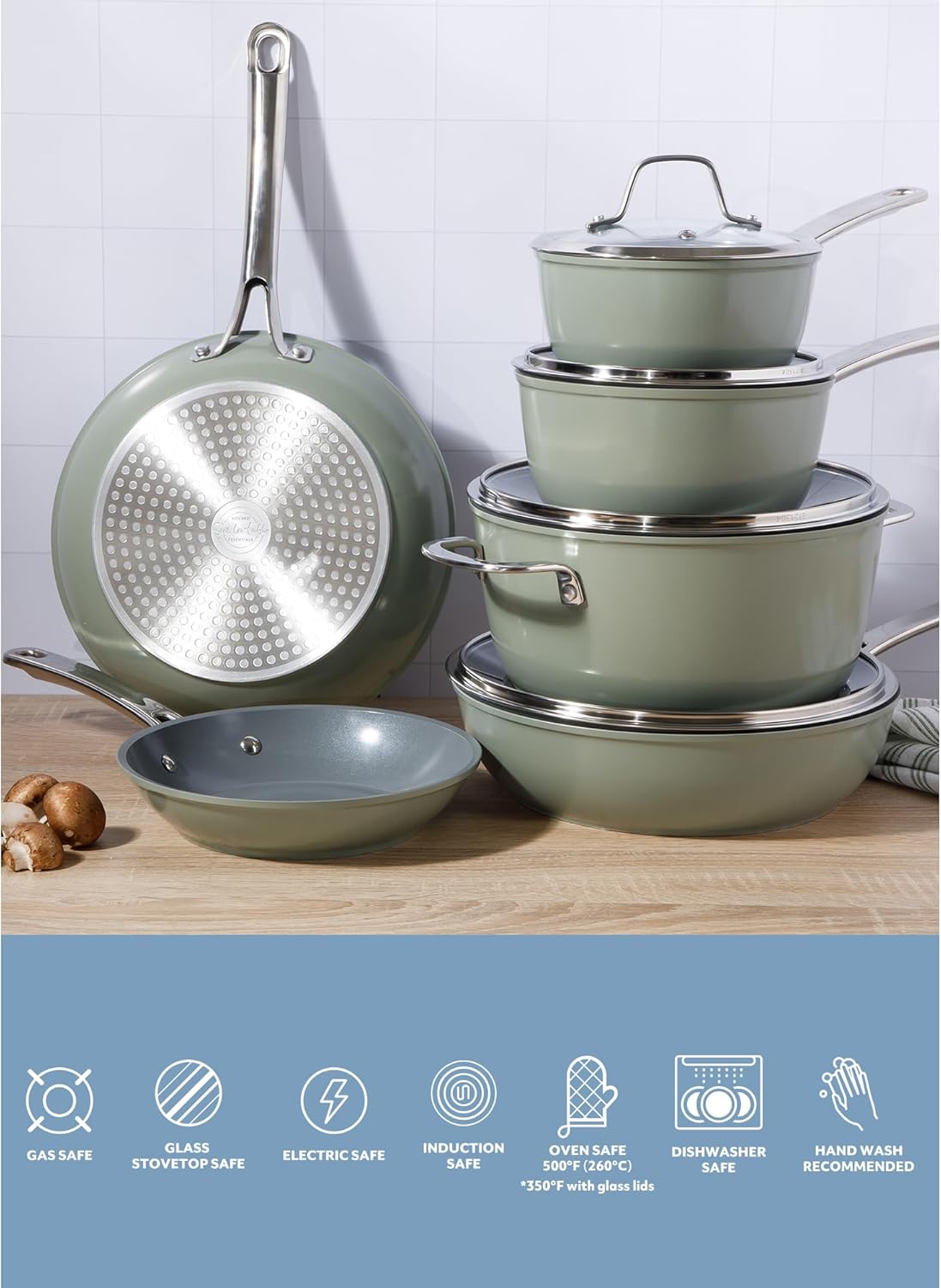 Sur La Table Kitchen Essentials Cool Commune Hard Anodized 10 Piece PFA Free Ceramic Non stick Interior Forged Durable Aluminum Pots and Pans Cookware Set - Green - Induction Compatible