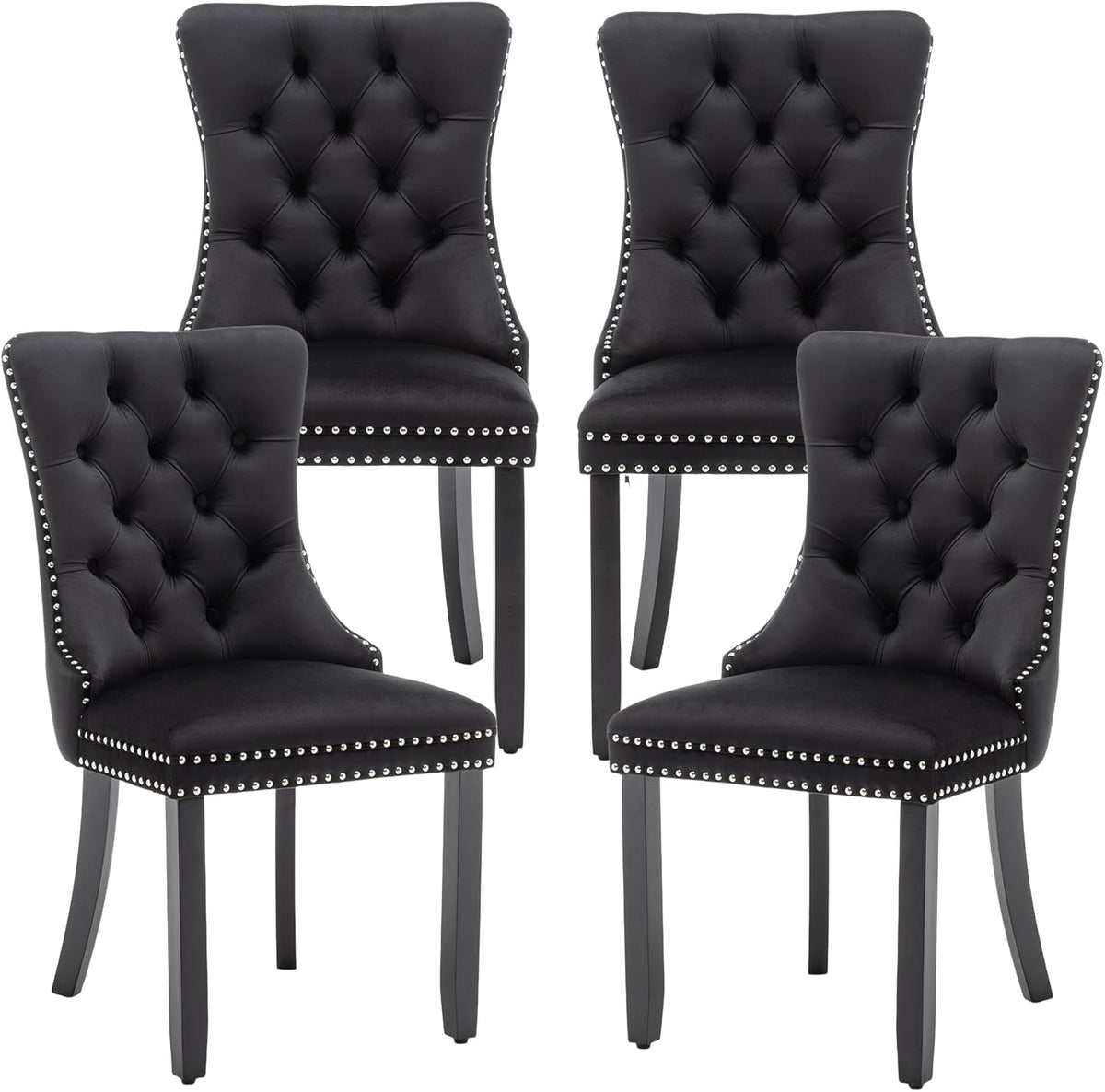 Mid Century Modern Dining Chair Set of 4 Velvet Upholstered Dining Room Chair Farmhouse Dining Accent Chairs with High Back and Nailhead Trim for Kitchen, Living Room, Bedroom (Black)
