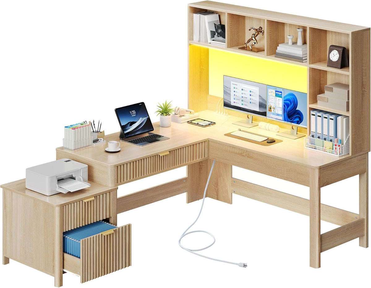YITAHOME L Shaped Desk with Hutch and Drawers, 67" Computer Desk Gaming Desk with Power Outlets & LED Lights, Wood Home Office Desk with Printer Stand, Fluted Sturdy Writing Workstation, Natural Oak