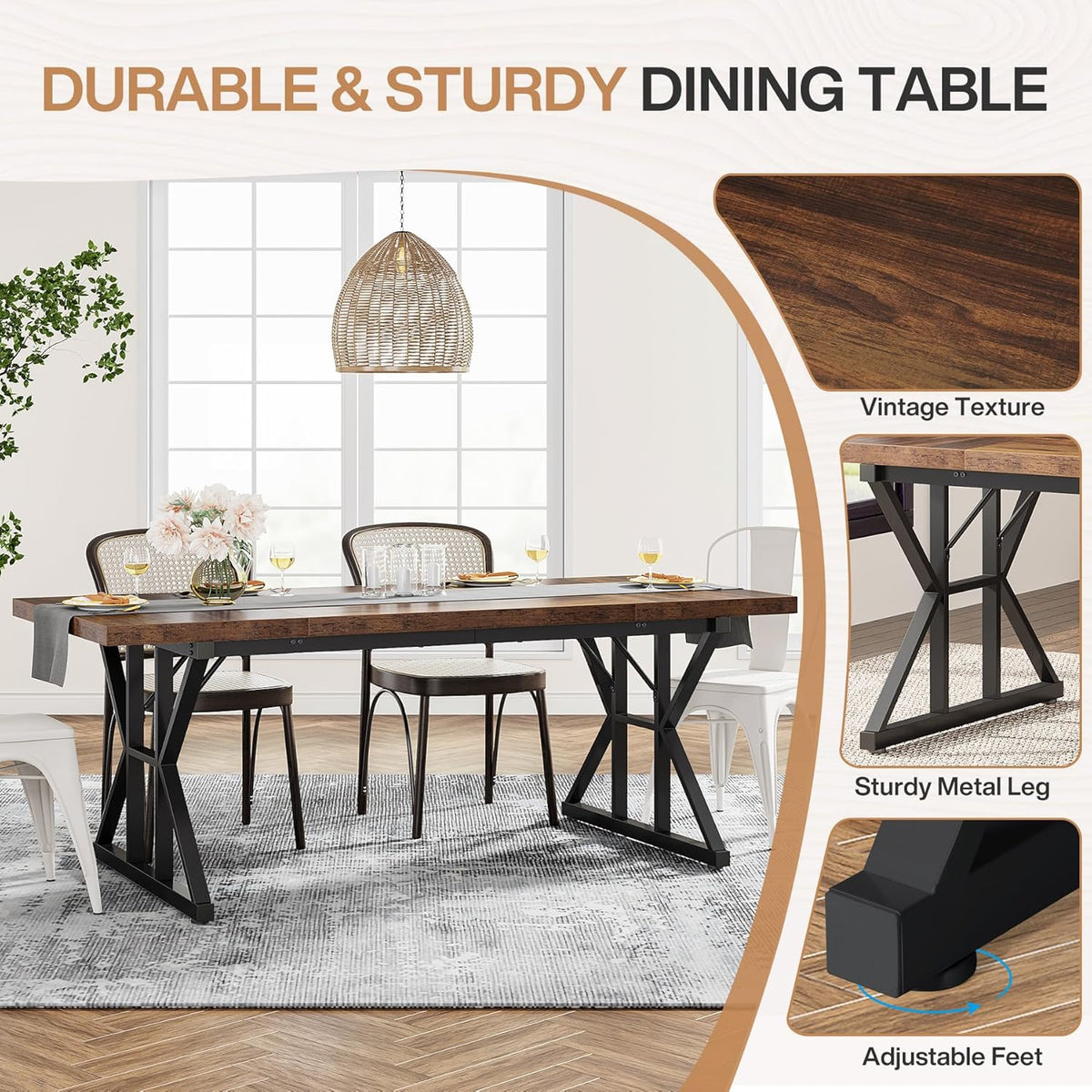 Tribesigns Farmhouse Dining Table for 6 People, 70.8-Inch Rectangular Wood Dining Table, Rustic Kitchen Table with Heavy Duty Metal Legs for Dining Room