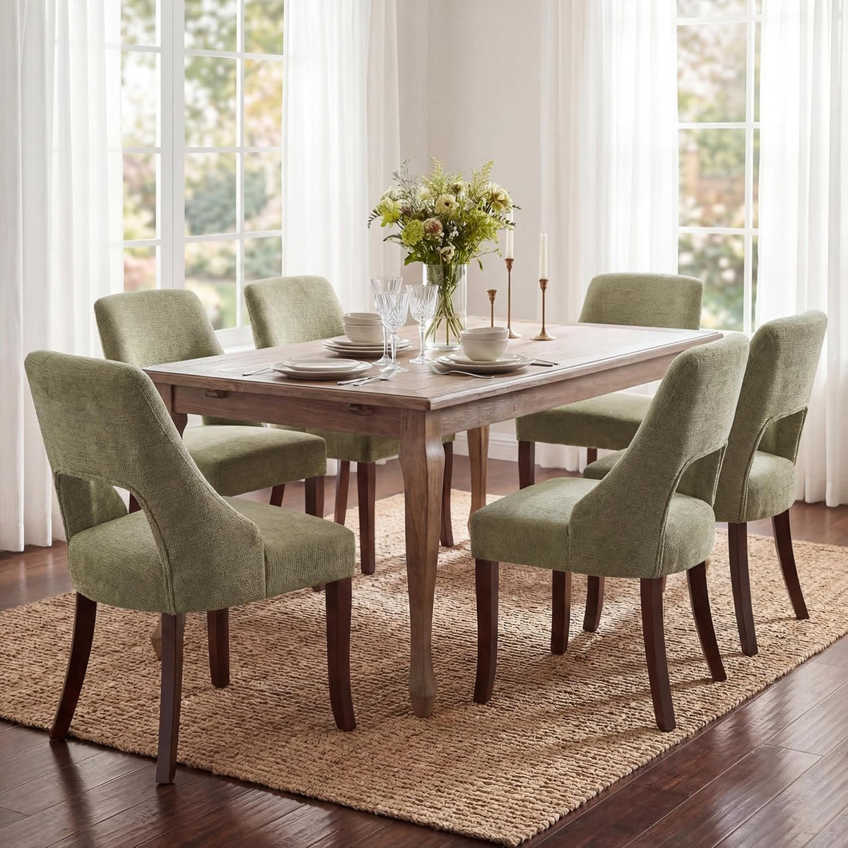 UVV Wooden Dining Chairs Set of 6, Mid Century Modern Chenille Upholstered Dining Room Chair Kitchen Chairs, Farmhouse Dinner Chair with Solid Wood Legs for Kitchen Dining Room, Green