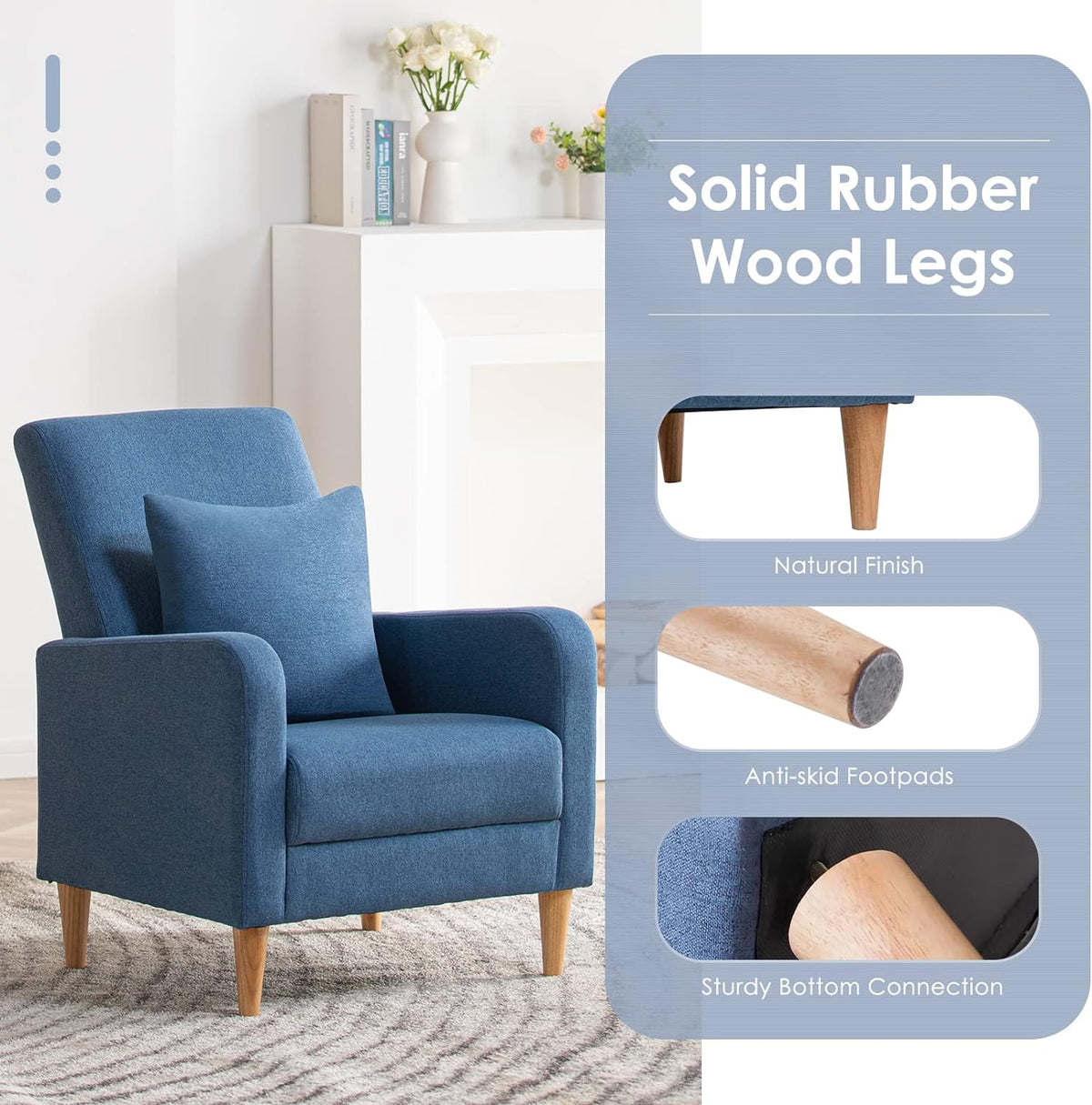 COLAMY Fabric Accent Living Room Chairs Set of 2, Upholstered Arm Chair Reading Side Chair, Single Sofa with Back Pillow and Wood Legs, Blue