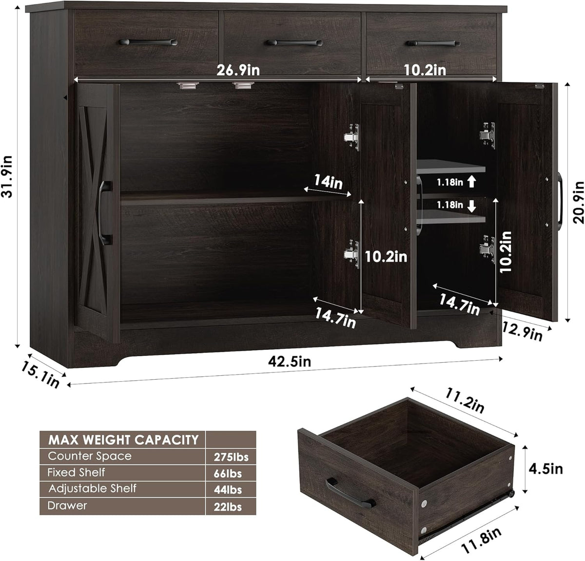 HOSTACK Modern Farmhouse Buffet Sideboard Cabinet, Barn Doors Storage Cabinet with Drawers and Shelves, Wood Coffee Bar with Storage for Dining Room, Kitchen, Living Room, Dark Brown
