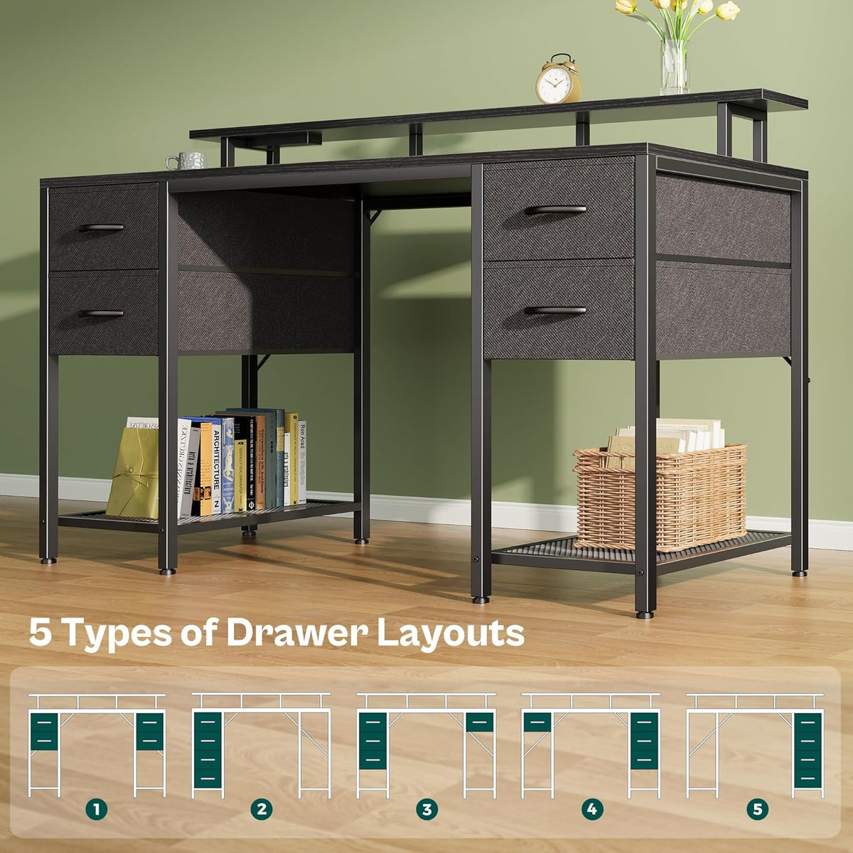 Huuger 55 inch Computer Desk with 4 Drawers, Gaming Desk with LED Lights & Power Outlets, Home Office Desk with Large Storage Space for Bedroom, Work from Home, Black