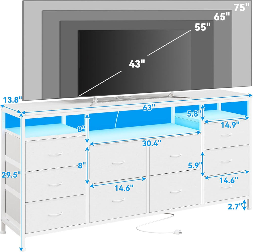 63.3 in Dresser for Bedroom, 10 Drawer Dresser Tv Stand for 65 70 75 in Tv, Fabric Chest of Drawers With Led Lights & Power Outlets, Long Entertainment Center for Closet, Living Room (White PU)