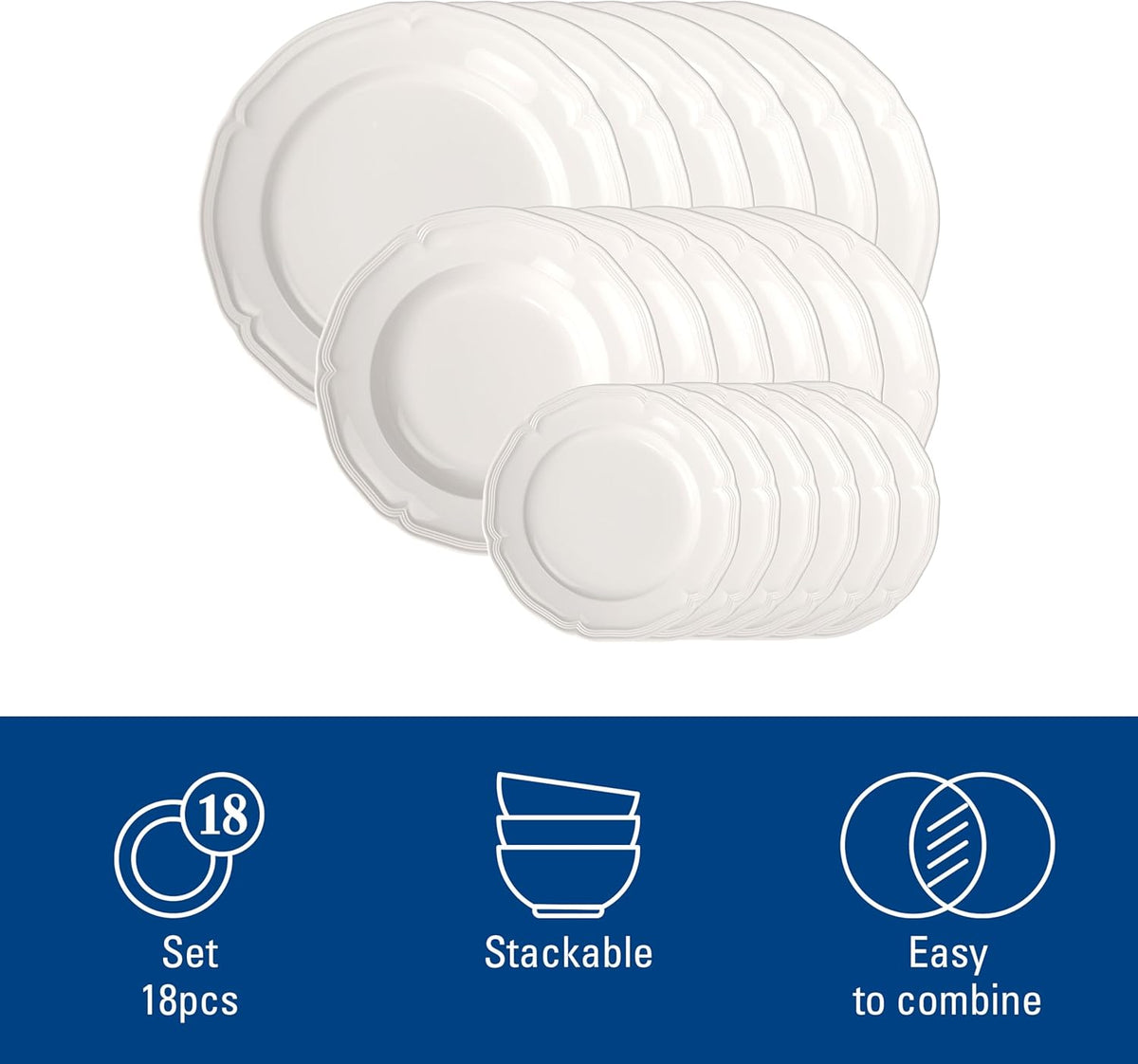 Villeroy & Boch Manoir Collection 18-Piece Dinnerware Set, Plates & Bowls, Premium Porcelain, Made in Germany, Dishwasher & Microwave Safe, Rich, Creamy White