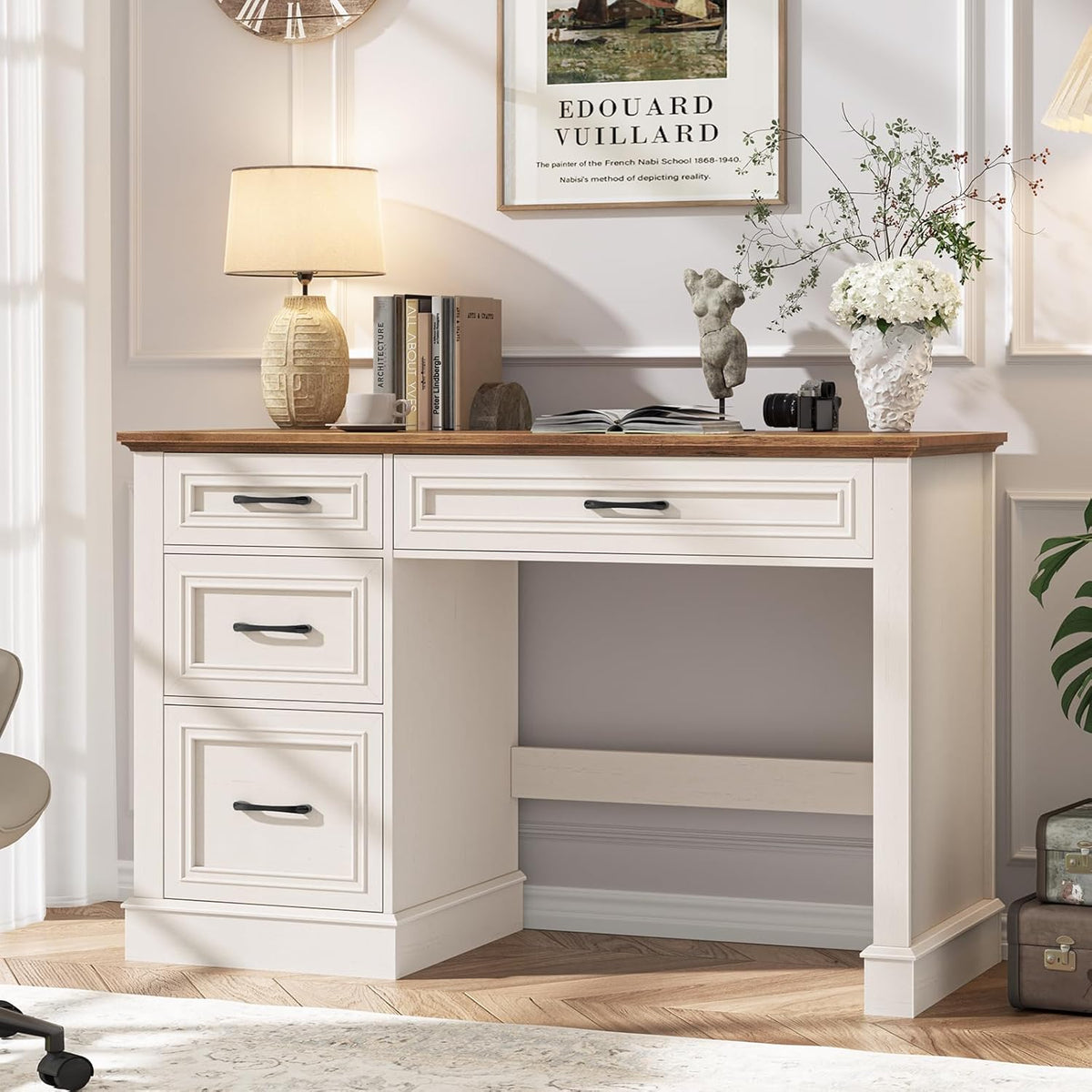 Vabches Farmhouse 47" Executive Desk with 3 Drawers and Adjustable File Drawer, Workstation Computer Desk for Home Office, Study, Unique White.