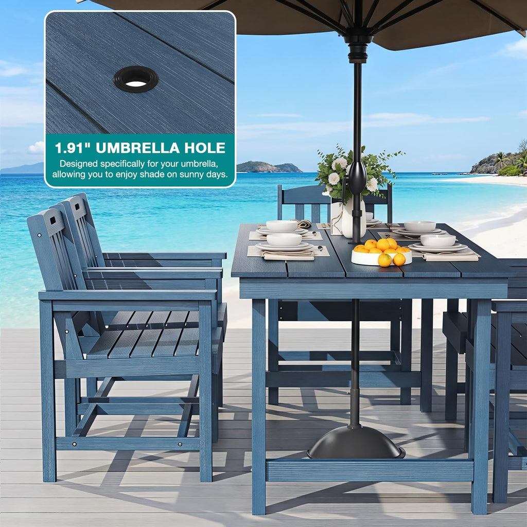 Mdeam 7-Piece HIPS Outdoor Dining Set, 66.9" Patio Table with Umbrella Hole, 440LBS Capacity, 6 Wider Chairs, Dining Table Set for 6, Indoor Outdoor Furniture with Galvanized Steel Frame, Navy Blue