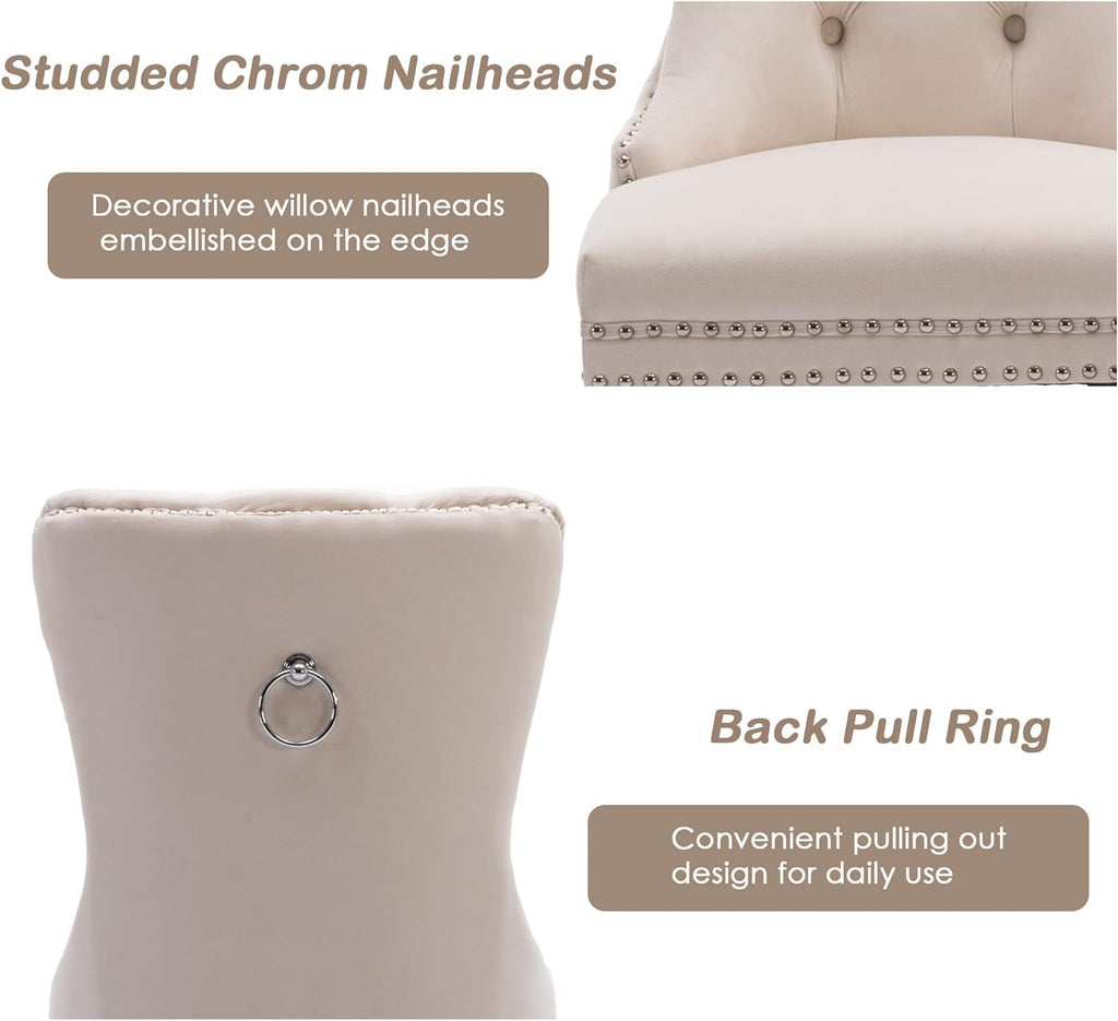 KCC Velvet Dining Chairs Set of 6, Upholstered High-end Tufted Dining Room Chair with Nailhead Back Ring Pull Trim Solid Wood Legs, Nikki Collection Modern Style for Kitchen, Beige