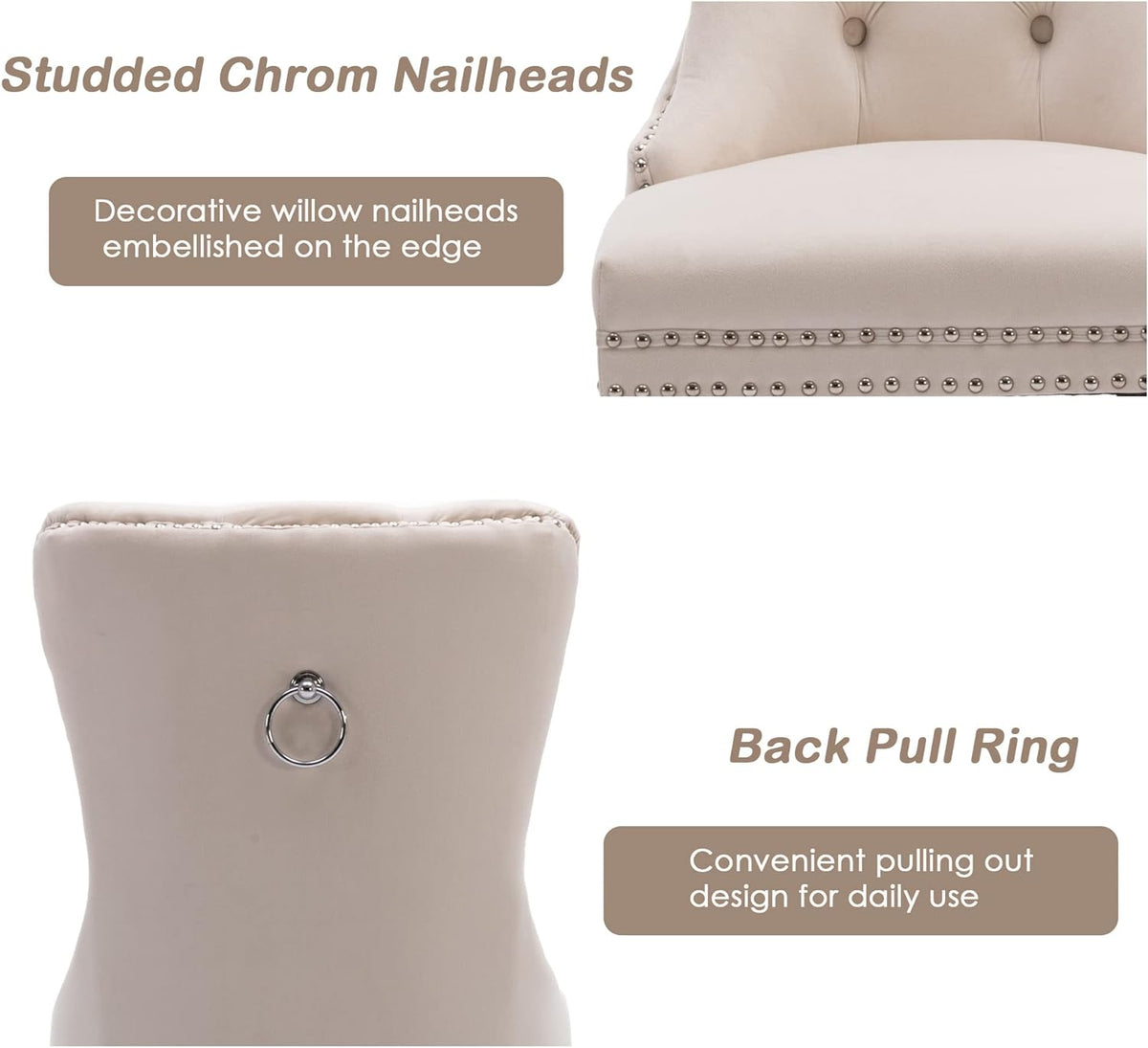 KCC Velvet Dining Chairs Set of 6, Upholstered High-end Tufted Dining Room Chair with Nailhead Back Ring Pull Trim Solid Wood Legs, Nikki Collection Modern Style for Kitchen, Beige