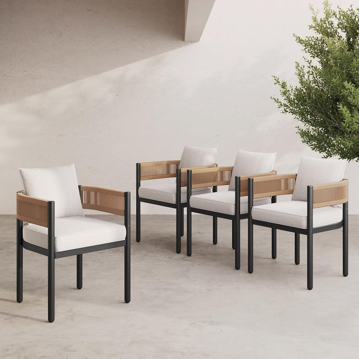 Grand patio Outdoor Dining Chairs Set of 4, 4 Pieces Patio Dining Chairs, Metal Woven Wicker Fixed Patio Chairs with Light Beige Cushions for Backyard, Deck, Garden, Porch, Lawn and Poolside (Natural)