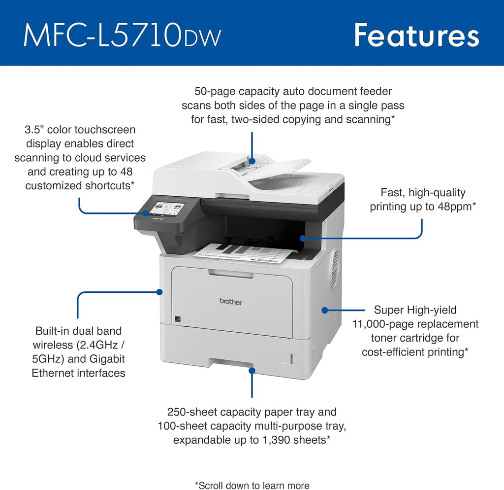 Brother MFC-L5710DW Business Monochrome Laser All-in-One Printer with Wireless Networking and Duplex Print, Scan, and Copy, Works with Alexa