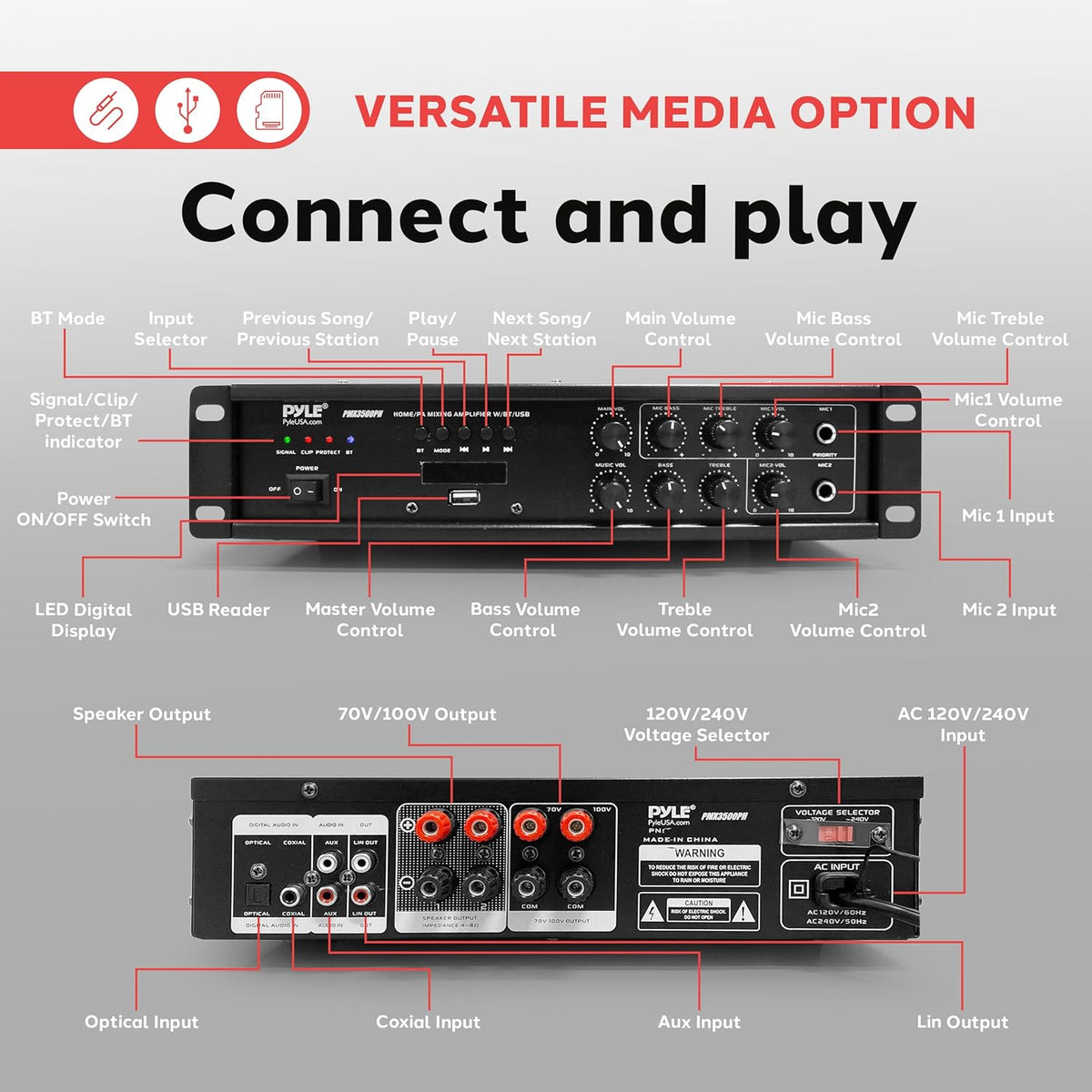 Pyle Bluetooth PA Mixing Amplifier - 500W Home Audio Rack Mount Stereo Power Amplifier, Digital LED Display, USB/AUX/Mic, Optical/Coaxial, AC-3, 70V/100V Output - PMX3500PH