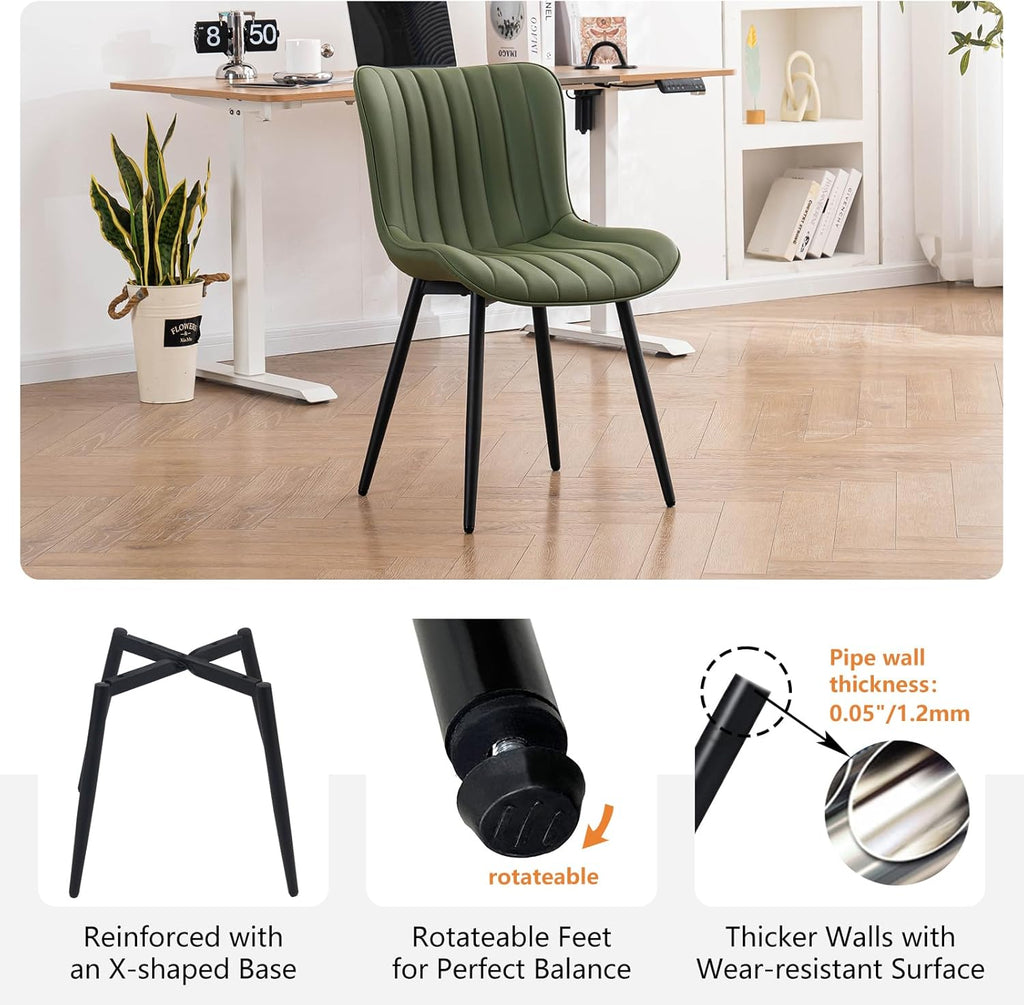 YOUNUOKE Mid-Century Modern Dining Chairs Set of 2, Olive Green Faux Leather Upholstered Accent Chairs with Black Metal Legs, Armless Side Chair for Dining Room, Guest Reception Room