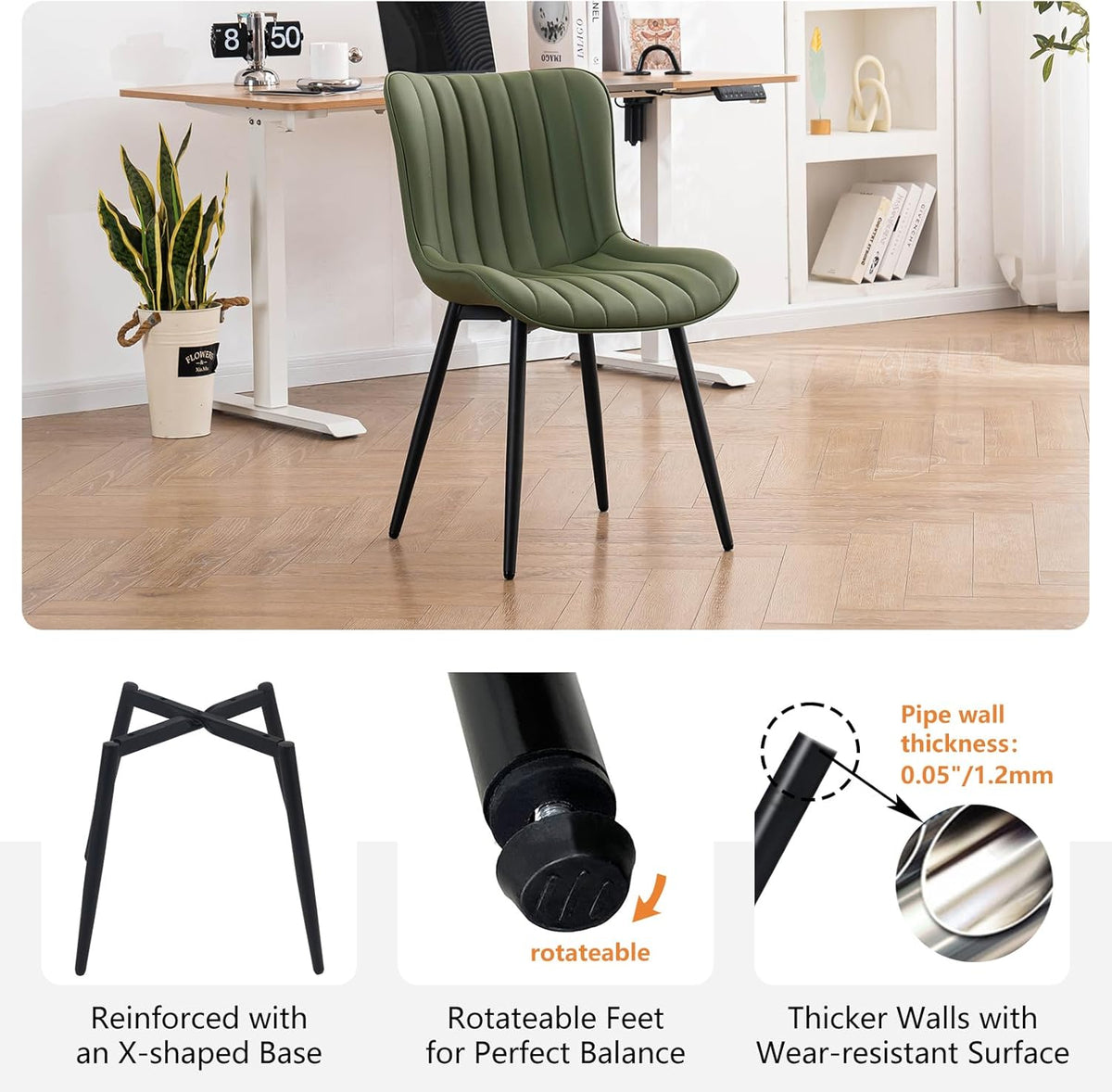 YOUNUOKE Mid-Century Modern Dining Chairs Set of 2, Olive Green Faux Leather Upholstered Accent Chairs with Black Metal Legs, Armless Side Chair for Dining Room, Guest Reception Room