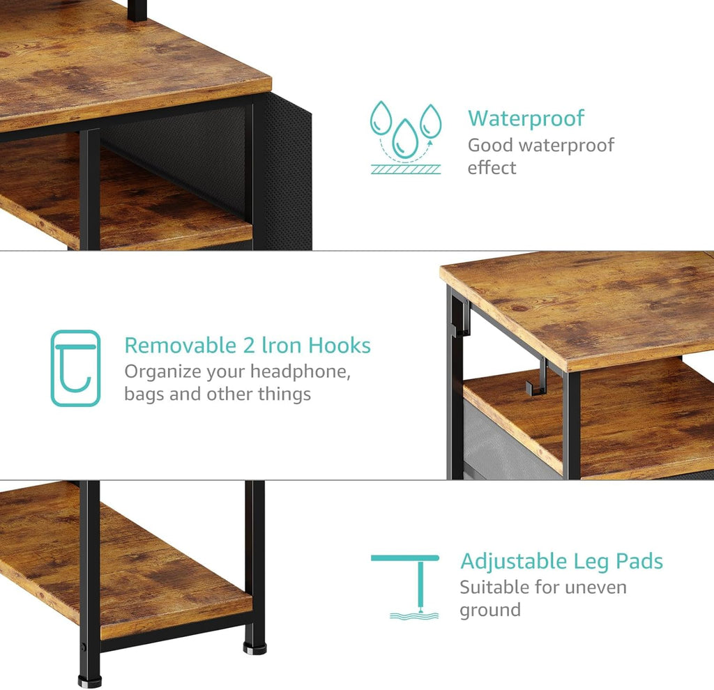 Lufeiya Gaming Desks with Led Lights and Power Outlets, 55 Inch Study Writing Computer Desk with Fabric File Drawers Cabinet for Bedroom, Home Office Desk with Shelves Monitor Stand, Rustic Brown