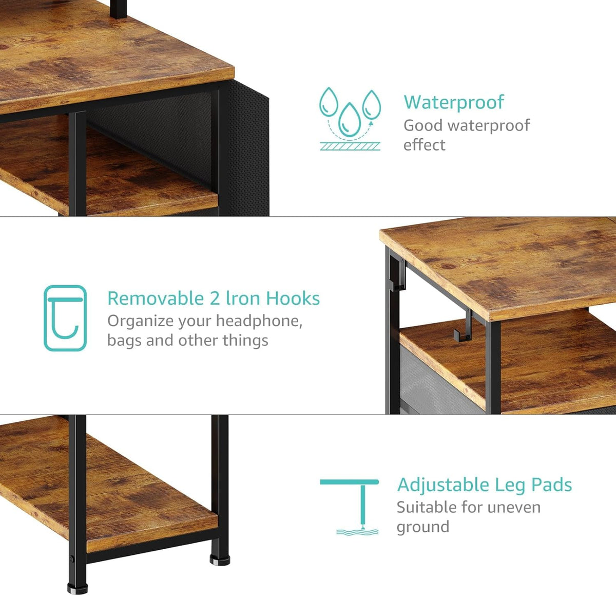 Lufeiya Gaming Desks with Led Lights and Power Outlets, 55 Inch Study Writing Computer Desk with Fabric File Drawers Cabinet for Bedroom, Home Office Desk with Shelves Monitor Stand, Rustic Brown