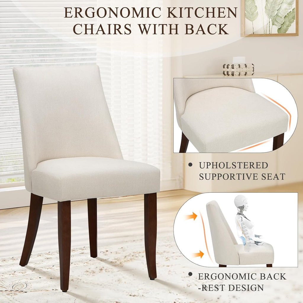 Upholstered Dining Chairs Set of 6, Mid Century Modern Kitchen Chairs with Back, Farmhouse Fabric Side Dining Room Chairs with Wood Legs for Dining Room Restaurant, Beige