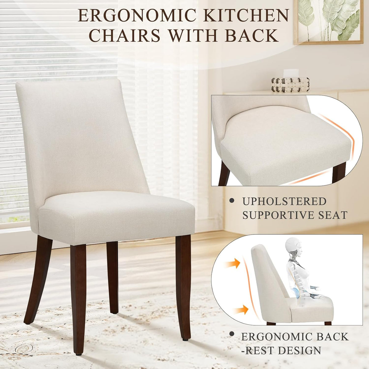 Upholstered Dining Chairs Set of 6, Mid Century Modern Kitchen Chairs with Back, Farmhouse Fabric Side Dining Room Chairs with Wood Legs for Dining Room Restaurant, Beige