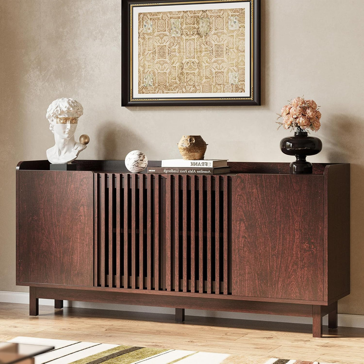 IRONCK 63" Storage Cabinet, Buffet Cabinet with Grille Doors and 2 Adjustable Shelves, Mid Century Sideboard for Kitchen, Dining Room, Entryway（Natural Red Walnut）