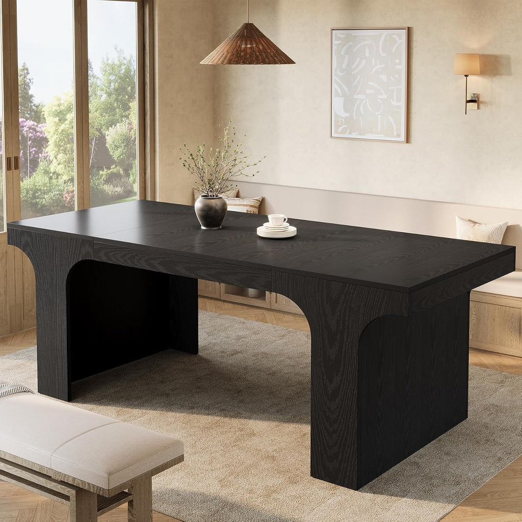 Tribesigns 71-Inch Farmhouse Dining Table for 6-8, Long Modern Wooden Kitchen Table with Arched Design, Large Rectangular Dining Furniture with Double Pedestal for Dinner Room, Black