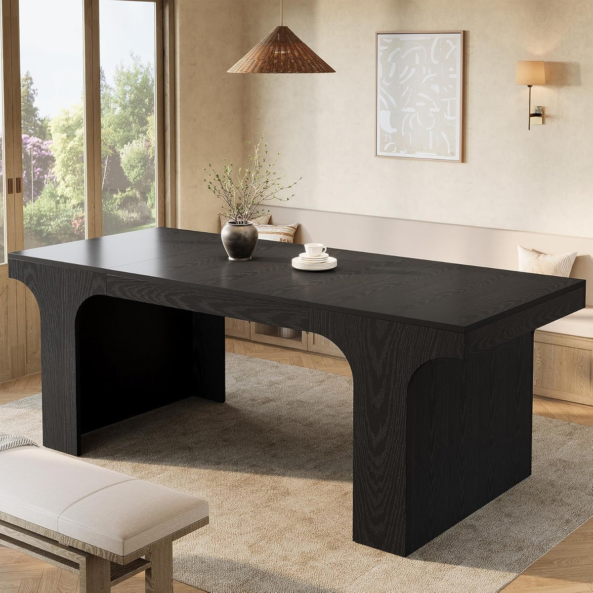 Tribesigns 71-Inch Farmhouse Dining Table for 6-8, Long Modern Wooden Kitchen Table with Arched Design, Large Rectangular Dining Furniture with Double Pedestal for Dinner Room, Black