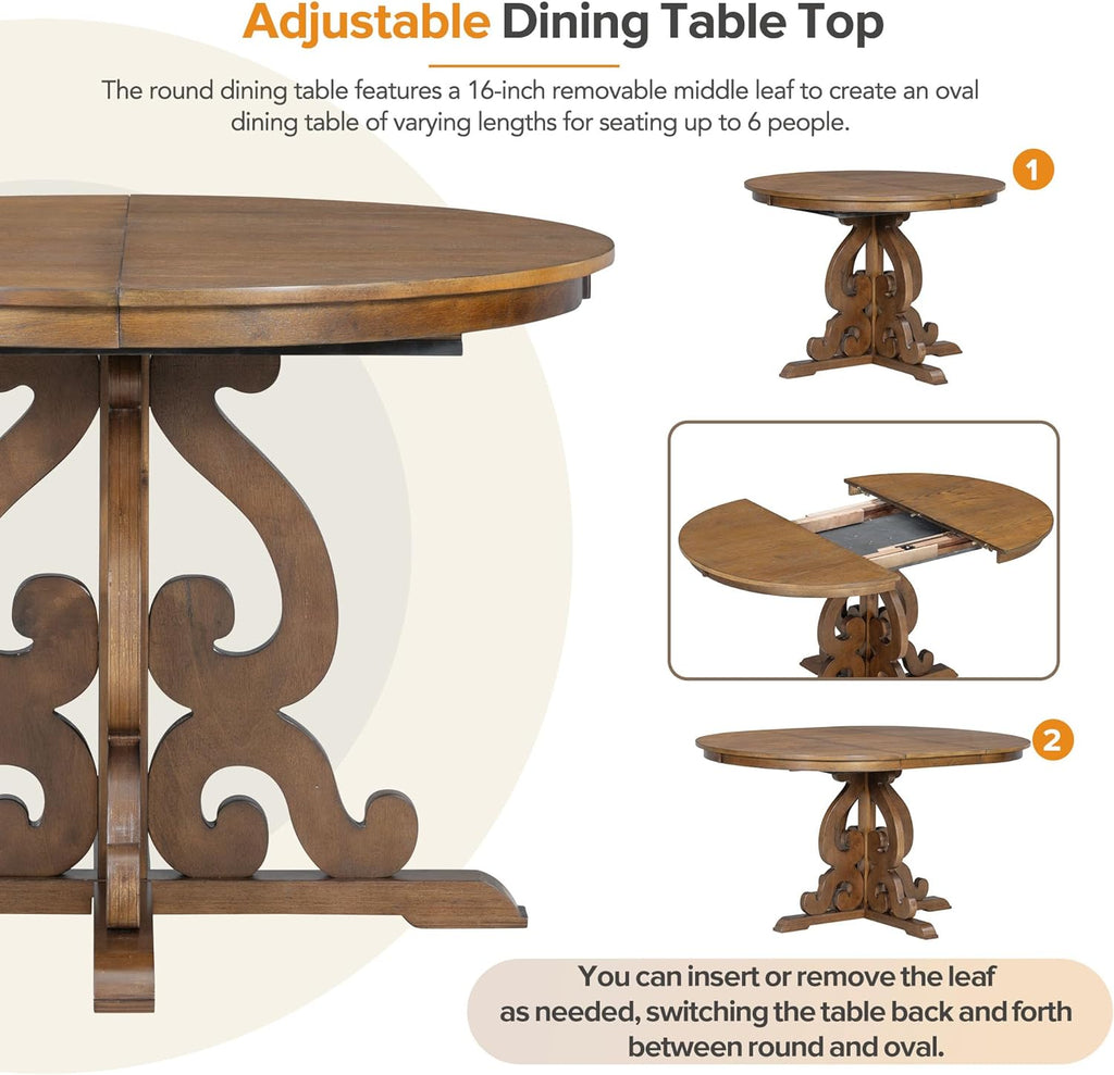 Merax Round Dining Table Set for 4, 42"-58" Extendable Kitchen Table Set with 4 Upholstered Chairs, Farmhouse Dining Table and Chairs Set for Kitchen, Dining Room, Living Room, Walnut