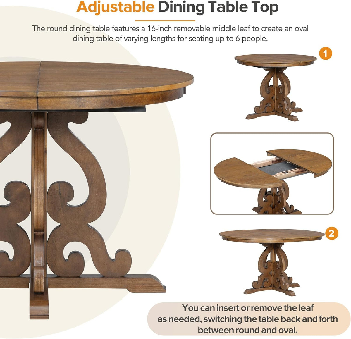Merax Round Dining Table Set for 4, 42"-58" Extendable Kitchen Table Set with 4 Upholstered Chairs, Farmhouse Dining Table and Chairs Set for Kitchen, Dining Room, Living Room, Walnut