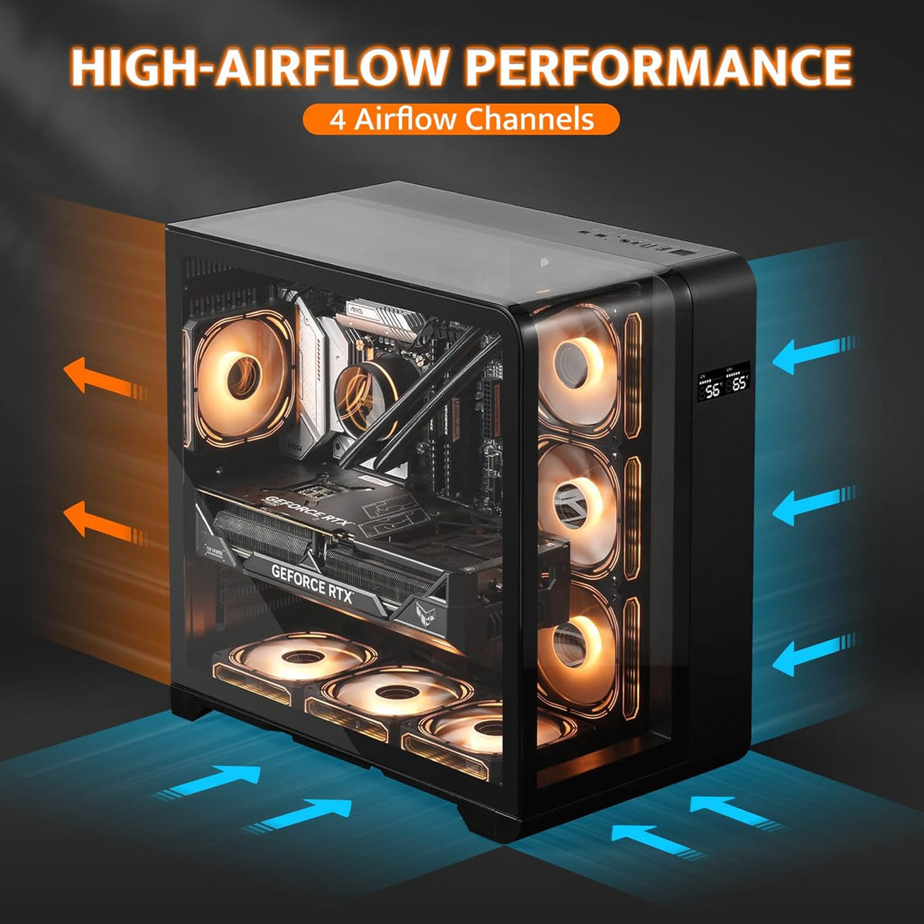 darkFlash ATX Mid-Tower PC Case with Screen, Three Side Glass, Curved Full View Dual Gaming PC Case, 4 PWM ARGB Fans Computer Case Pre-Installed, Type C, RTX 40 Compatible, Black(L280)