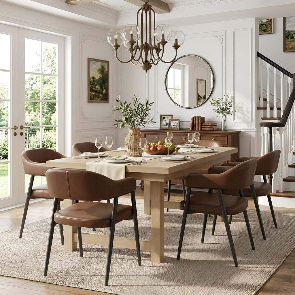 HNY Modern Dining Room Arm Chairs Set of 6, Retro Faux Leather Upholstered Barrel Dining Chairs with Arms Mid-Century Brown Accent Chair with Metal Legs, Open-Back Kitchen Side Chair for Living Room