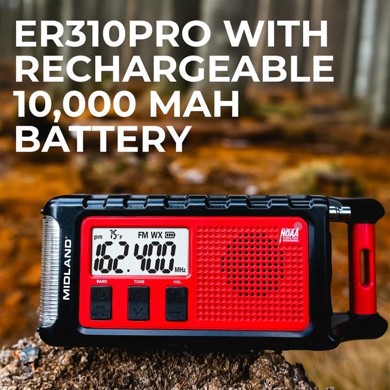Midland - ER310PRO, Portable Emergency Bluetooth Weather AM/FM Radio with 10,000 mAh Power Bank - Multiple Power Sources, SOS Flashlight, Ultrasonic Rescue Dog Siren, & NOAA Weather (Red/Black)