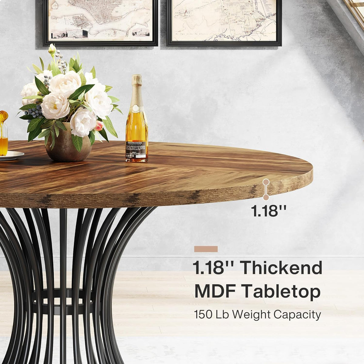 Tribesigns Round Dining Table for 4-6 People, 47-Inch Farmhouse Dinning Room Circle Kitchen Table, Industrial Dinner Table with Metal Base for Kitchen, Living Room, Black and Brown
