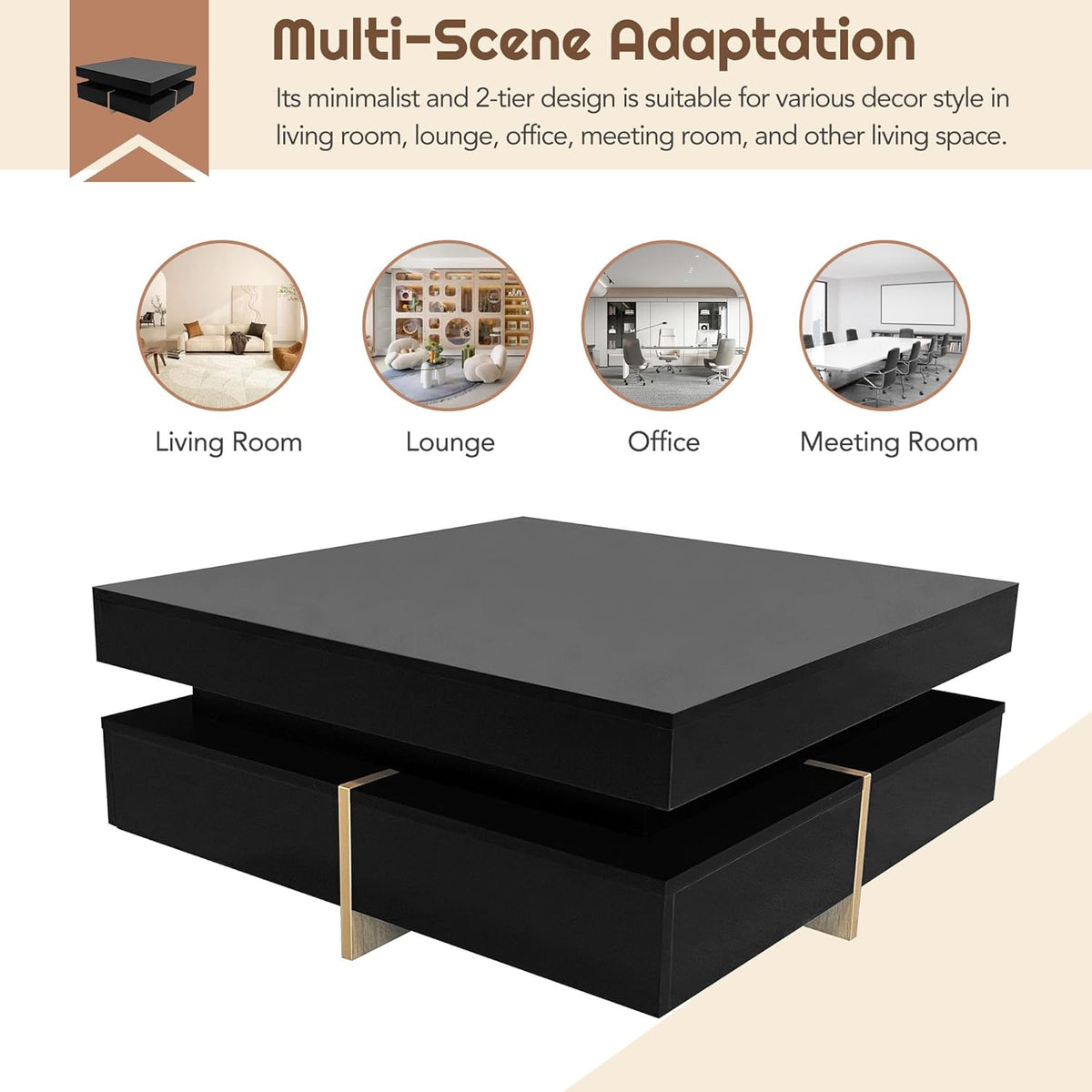 Merax Coffee Table, Modern High Gloss Coffee Table with 4 Drawers, Multi-Storage Square Center Cocktail Table with Wood Grain Legs for Living Room, 31.5"x 31.5" (Black)