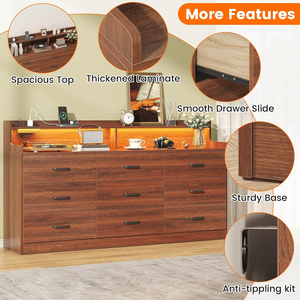 Bigbiglife 9 Drawer Dresser with Built in Power Outlet and LED Light, Modern Chest of Drawers for Bedroom, Triple Wide Drawer Organizer Cabinet for Living Room, Entryway, Hallway, Walnut Brown