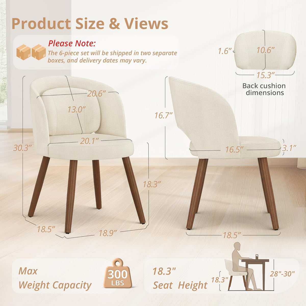 LUE BONA Dining Chairs Set of 4, Modern Upholstered Kitchen Chairs with Solid Wood Legs, Curved Backrest & Lumbar Support for Home Dining Room, Restaurant, Linen Color