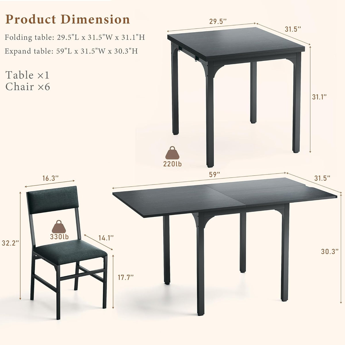 7-Piece Dining Table Set for 4-6, Extendable Kitchen Table Cushion Chairs Set of 6 with 6 Chairs, Rectangle Dining Table with Metal Frame & MDF Board, Folding for Small Apartment Saving Space, Black