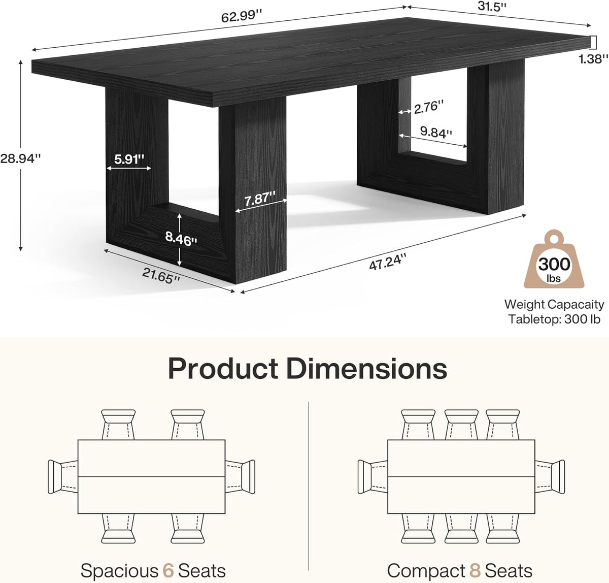 Tribesigns Farmhouse Dining Table, 63-Inch Rectangular Kitchen Table with Strong Geometric Frame for Kitchen & Dining & Living Room (Black)