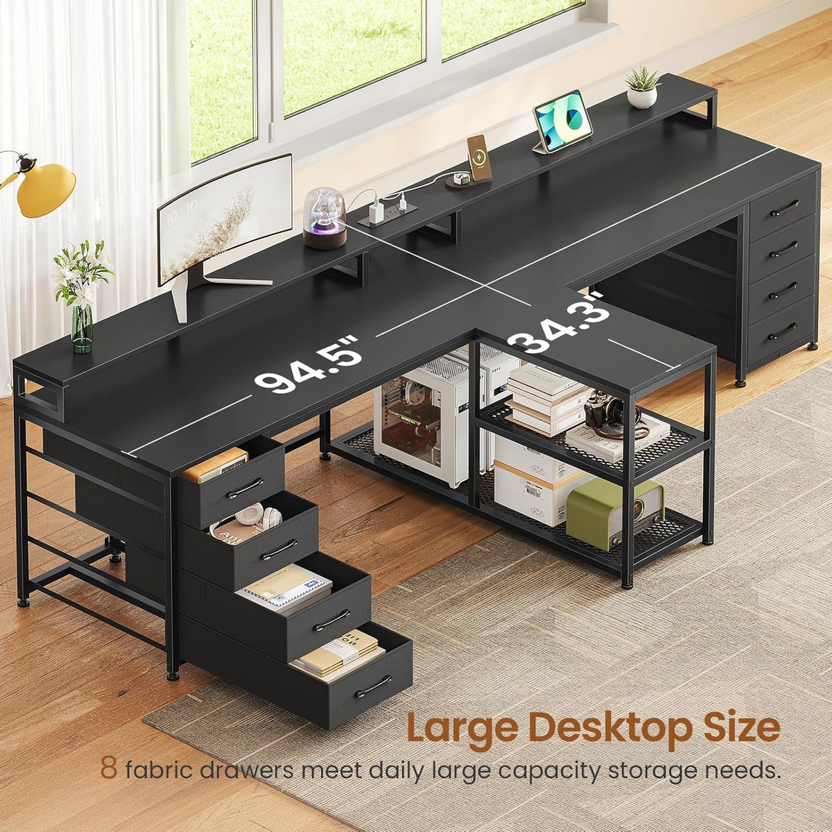 SEDETA 94.5" 2 Person Gaming Desk, Long Office Computer Desk with 8 Drawers & LED Light, Two Person Desk with Storage, Power Strip & Monitor Shelf for Home Office, Black